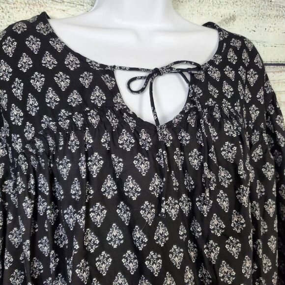 Old Navy Black White Boho Print Peasant Blouse XL Long Sleeve - Picture 2 of 7